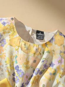 SHEIN 小女孩优雅碎花连衣裙，配有腰带，适合外出和度假 - 黃色 - 查看 4