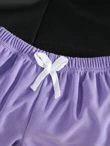 SHEIN Genkimix Kids 女童时尚可爱爱心刺绣针织短袖T恤套装，适合休闲、运动、户外、度假等场合 - 紫色 - 查看 6