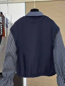 INAWLY Plus Size Women Striped Print Casual Versatile Long Sleeve Pullover Sweatshirt - Navy Blue - View 2