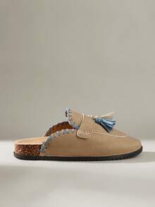 Solecia Women Casual Versatile Commute Fringe Decor Open-Toe Flats - Khaki - View 2