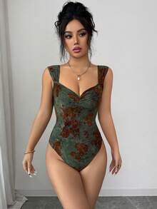 SHEIN Elenzya 女士针织提花褶裥连体衣 - 墨綠色 - 查看 5