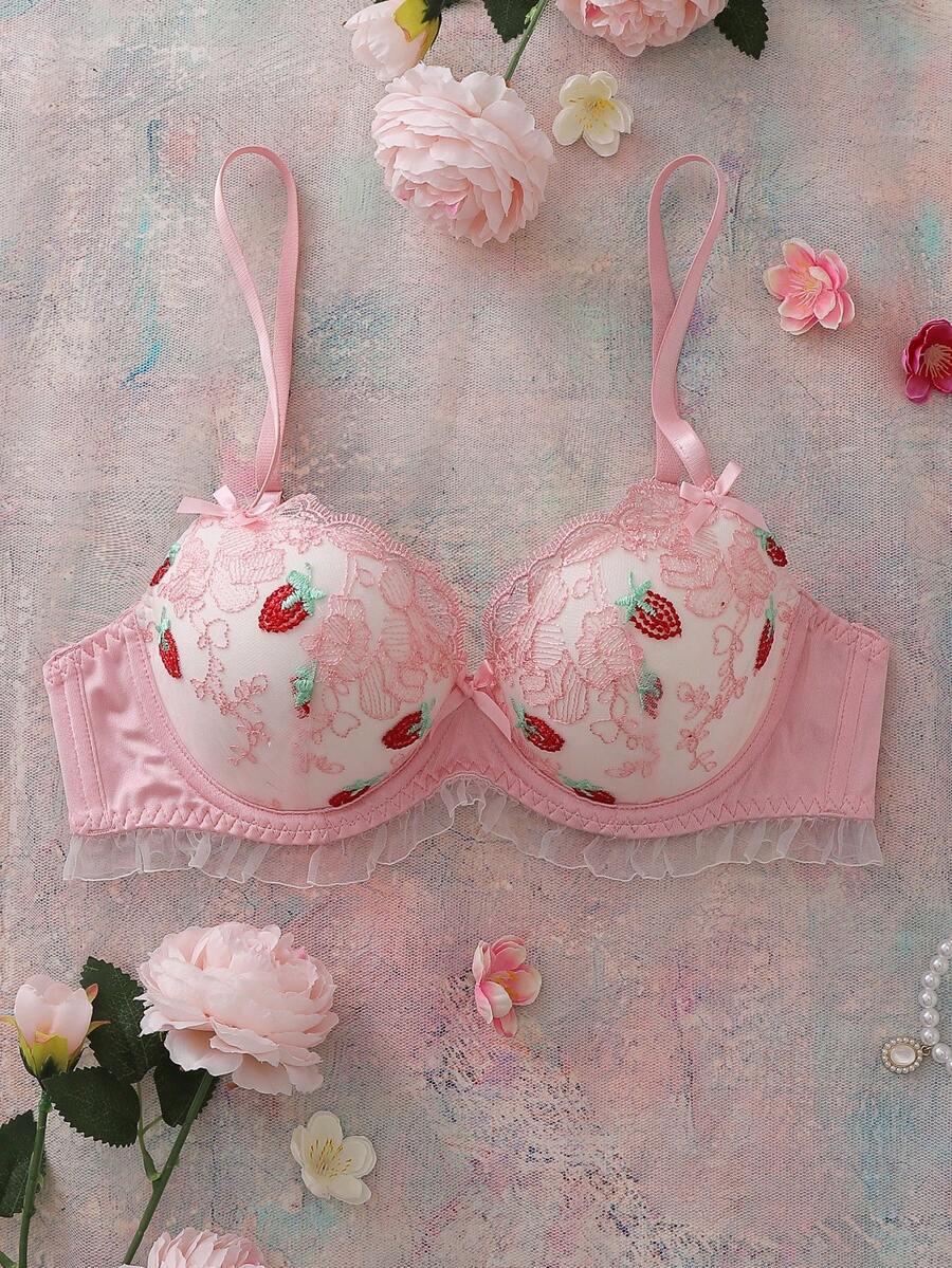 Sujetador con aros con bordado de fresa y ribete de encaje para niñas - Rosa - Ver 1