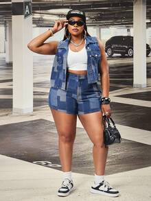 Slaydiva Áo khoác denim không tay cỡ lớn dành cho nữ với họa tiết jacquard, gợi cảm và sành điệu cho mùa hè, lễ hội và kỳ nghỉ. - Rửa trung bình - Xem 3