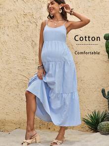 Boho Mama 孕妇条纹印花系带露背荷叶边吊带裙 - 藍色 - 查看 9