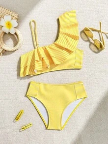 Conjunto de bikini casual de verano con rayas y volantes para adolescentes - Amarillo - Ver 7