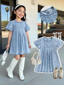 SHEIN LMoss Kids 女童蓝色牛仔荷叶边宽松连衣裙 - 淺色水洗藍 - 查看 6
