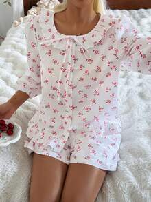 DAZY Conjunto de pijama de mujer con volantes en el bajo y estampado floral diminuto de verano - Blanco - Ver 10