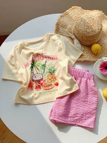 2 piezas Conjunto de ropa de casa casual de vacaciones, con motivos de fruta, árbol de coco, piña y de isla, con top de manga corta y shorts cómodos - Multicolor - Ver 5