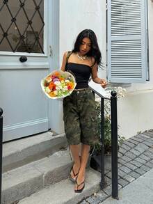 SHEIN ICON Quần short denim nữ ống rộng, dáng suông, họa tiết rằn ri, có túi hộp. - Nhiều màu - Xem 5