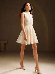 Anewsta 女士冬季连衣裙，圣诞节和新年款，立领无袖收腰网纱面料3D花卉刺绣优雅连衣裙 - 杏色 - 查看 4