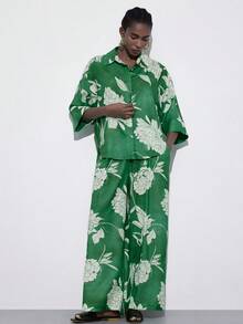 Frievida 轻松度假风，休闲日常穿搭，大碎花图案，宽松廓形，宽袖阔腿裤，轻盈丝滑的亚麻混纺面料，透气舒适，适合度假、周末聚会、艺术展览、夏季户外活动和居家生活，打造轻松舒适、自然清新的时尚风格。亚麻混纺面料，宽松纽扣衬衫，侧开衩设计，搭配松紧腰阔腿裤，两件套。 - 綠色 - 查看 6