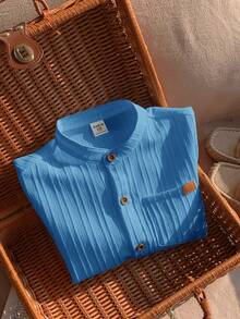 SHEIN 1pc Young Boys' Casual Collegiate Comfortable Linen Mandarin Collar Patch Pocket All-Match Versatile Shirt,Kids - Blue - View 6