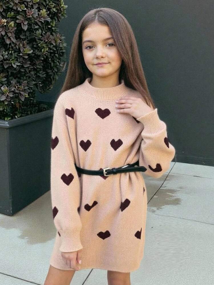 Tween Girl Heart Pattern Mock Neck Lantern Sleeve Sweater Dress Without Belt,In Fall/Winter