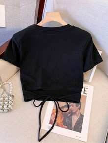 Franclia Matching Short Round Neck Raglan Sleeve Top + Straight Leg Pants With Slant Pockets - Black - View 2