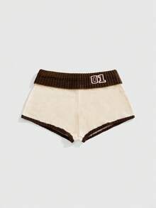 ROMWE Avant Bộ áo len và quần short nữ phong cách thể thao cổ điển, phối màu tương phản, thêu chữ, thích hợp cho mùa tựu trường. - Màu be - Xem 1