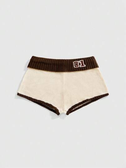 ROMWE Avant Women's Retro Sports Style Back To School Contrast Color Letter Embroidered Vintage Embroidery Sweater & Shorts Set