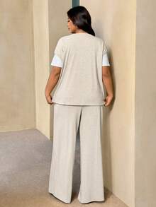 Auralis Damen Große Größen 2 Stücke Set, einfarbiges graues Sommer-Curve-Smart-lässig-Loungewear-Set aus strukturiertem Leinen, ärmellose Weste & Hose mit elastischem Bund und weitem Bein - Aprikosenfarben - Übersicht 5