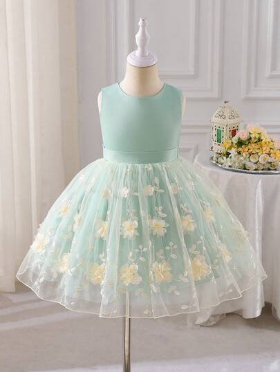 SHEIN Glamorique Kids Girl's Princess Dress, Flower Girl, Birthday Party, Wedding And Holiday Dress, Satin Textured Fabric, Sleeveless Bean Green Hem Three-Dimensional Floral Mesh Dress, Middle East, Europe And America, Houfu Strap Bow, Four Seasons, Prom Dresses ,Vestidos Elegantes Para Fiesta,Summer,Spring