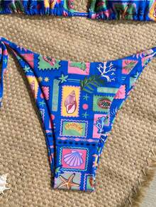 Soleia Bộ bikini 2 mảnh màu xanh công xanh lam dệt kim ánh kim, cổ chữ V, trang trí dây xích vỏ sò, buộc dây, thích hợp cho kỳ nghỉ. - Màu xanh lam - Xem 5
