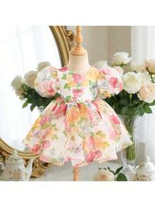 SHEIN 2026新款女童印花连衣裙，时尚高端优雅花瓣袖公主裙 - 粉色 - 查看 8