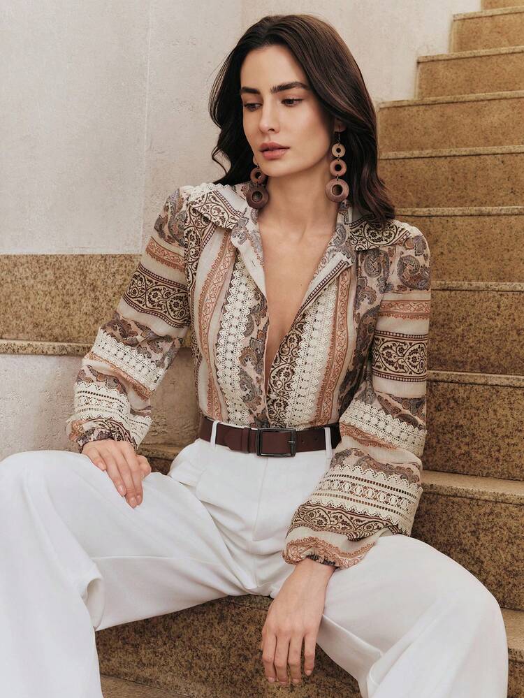 Women's Vintage Floral Print Patchwork Collar Lantern Sleeve Blouse, Suitable For Spring And Summer Western Blouse Boho Blouses Boho Shirts Women Western Wear Women Outfit Western Tops