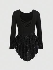 SHEIN 少女休闲运动瑜伽舞蹈服，露背连体裤配网纱裙套装，春夏款 - 黑色 - 查看 2