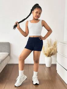 Tween Girl Ribbed Knit Skinny Shorts Leggings, Navy Blue, Back To School, Mommy And Me Matching,Kids - Navy Blue - View 3