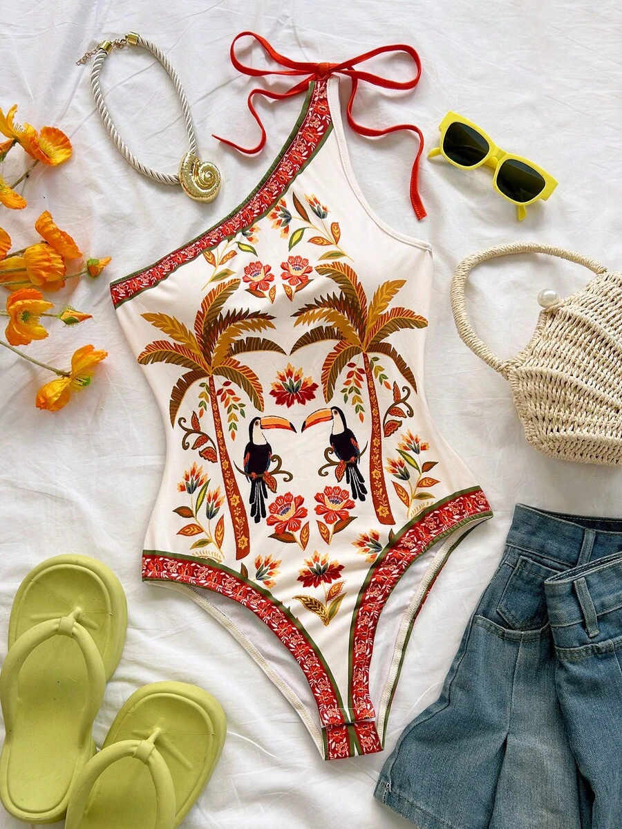 Soleia 新款女士度假针织印花不对称肩部蝴蝶结连体衣 - 彩色 - 查看 1