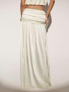 SHEIN ICON Women's High Slit Low Waist Ruched Waist Wedding Party Sexy Skirt - Beige - View 2