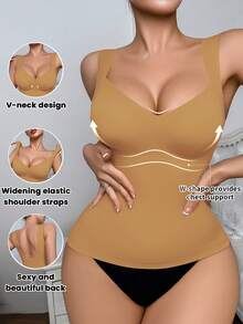 SHEIN Camisola moldeadora sin costuras para mujer, adelgazante de cintura y abdomen, chaleco de soporte simple que se puede usar como prenda exterior, 1 pieza - Camel - Ver 4
