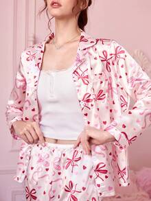 蝴蝶结爱心图案长袖睡衣套装 - 长袖纽扣领上衣和长裤，柔软缎面睡衣，可机洗，可外穿 - 粉色 - 查看 6