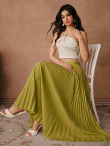 Anewsta Essential Women's Solid Color Elegant Pleated Skirt Maxi - Green - View 7