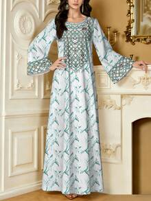 SHEIN Najma 绿色大理石纹理V领长袖连衣裙，领口饰有图案印花，优雅阿拉伯风格连衣裙，春夏款 - 彩色 - 查看 5