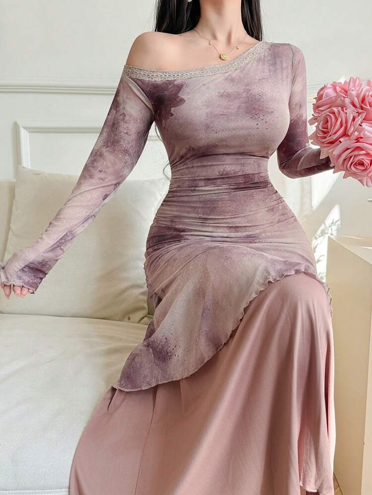 Women's Asymmetric Neckline Long Sleeve Ruffle Hem Dress Sundress