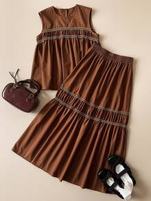 Spring/Summer New Brown Adjustable Elastic Waist Ruched Layered A-Line Skirt, Retro College Style For Commuting - Rust Brown - View 3