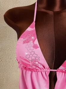 Zestiva Bộ bikini 4 mảnh dành cho nữ, cổ khoét sâu, đính đá lấp lánh, kiểu dáng suông, thích hợp cho tiệc bãi biển và kỳ nghỉ. - Hồng - Xem 5