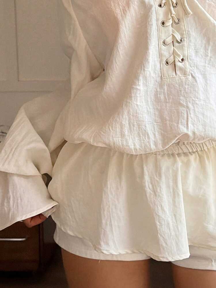 Women's Loose Off-Shoulder Ruffle Tie-Up Flare Sleeve Pleated Hem Elegant Summer Blouse