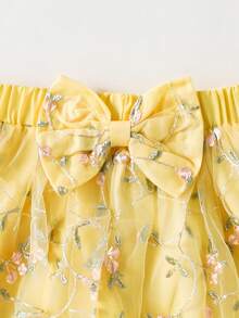 Souflis Souflis 少女浅黄色刺绣薄纱蝴蝶结腰裙，适合日常穿着，甜美可爱，优雅假日风情 - 黃色 - 查看 7