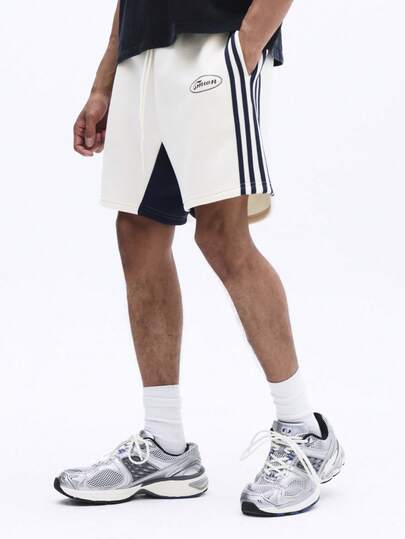 SUMWON Men's Color Block Shorts With Side Stripe Athletic Mesh Panel Design Regular Fit Summer Basketball Style Drawstring Waist Casual Bermuda Length White Navy