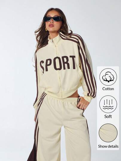 SHEIN ICON Women's Casual Sports Commuter Outfit, Letter Print Contrast Striped Side Zip Up High Collar Jacket And Wide Leg Pants 2 Piece Set, Autumn Casual Outfit For Women ,Graphic Top Women,Women's Winter Jackets Jogging Suits For Women Sporty Outfits Women 2 Piece Casual Sets Woman Track Suits For Women Long Sleeve Tracksuits For Women