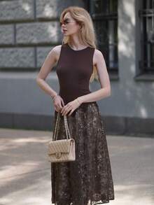 Váy dài ngang gối bằng ren đan tương phản dành cho nữ - màu nâu - Xem 6