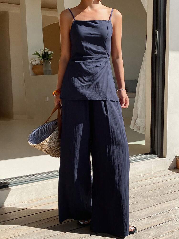 2pcs Women Casual Camisole Top And Wide Leg Pants Set, Slimming