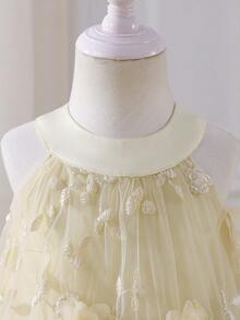 Glamorique Kids 女婴优雅3D立体花卉下摆网纱拼接无袖连衣裙，适合夏季旅行、生日派对、演出服 - 杏色 - 查看 3