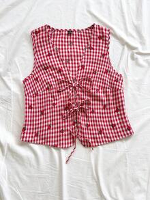 Soleia 大码春夏休闲度假西部海滩婚礼宾客着装、毕业早午餐、圣帕特里克节春假、复活节、音乐节、优雅波西米亚热带风情纹理面料蝴蝶结系带红色背心 - 彩色 - 查看 5