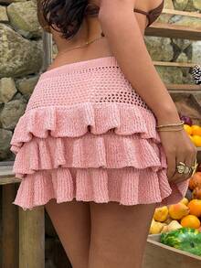 Sunnyshic Women's Pink Casual Dress, Fashion Cake Skirt, Suitable For Summer Beach, Sexy Super Skirt, Hollow Out Cute Puff Skirt - Pink - View 2