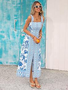 Vivid Eden 女士碎花开衩连衣裙，休闲度假无袖长裙，夏季服装，春季女装，春季女装，海滩度假装，外出装，生日礼服，假日装，蓝白连衣裙，休闲女装，优雅派对假日装，欧洲夏季连衣裙，度假装，女士夏季假日装，夏季女装，连衣裙，女士夏季连衣裙，野餐连衣裙，夏季女装 - 藍白色 - 查看 9