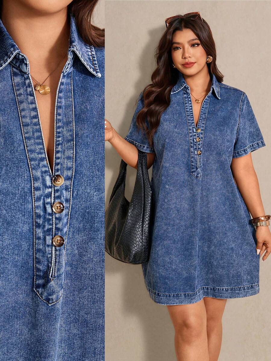Elaquor Plus Size Blue Denim Shirt Dress, Casual Commuter Dress, Elegant Summer Women's Clothing