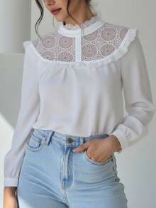INAWLY 2026 Spring/Summer Fashion New Commuting Casual Patchwork Ruffle Trim Blouse For Women - White - View 1