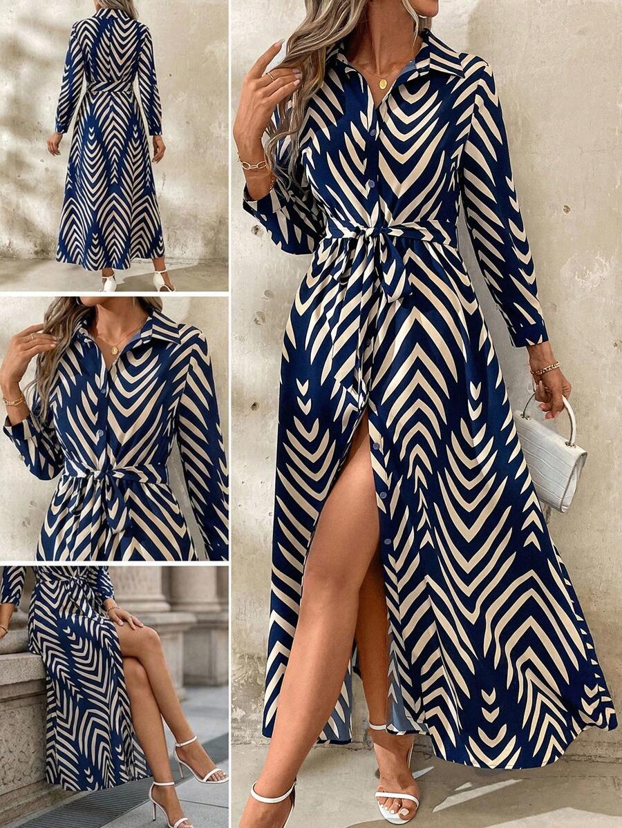 SHEIN Clasi 优雅女士衬衫领系带衬衫连衣裙秋季女装教师服工作服 - 彩色 - 查看 1