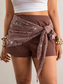 Freevana Plus Size Women Floral Sequin Side Knot High Waist Skirt Pants Chocolate Brown,Autumn,Boho,Beach Rave Festival Outfits Vintage Western Gothic Style - Coffee Brown - View 3